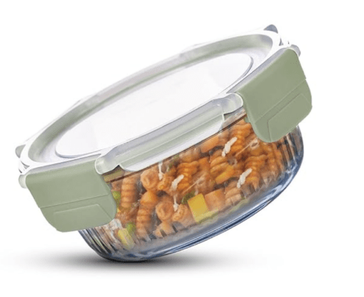 BERGNER Smart Lock Borosilicate Round 620ml Food Container for Kitchen/Tiffin, Air-Tight Lid with Locking Tabs, Space Saving, Stackable, Microwave and Oven Safe, Food Safe, Dishwasher Safe - Green